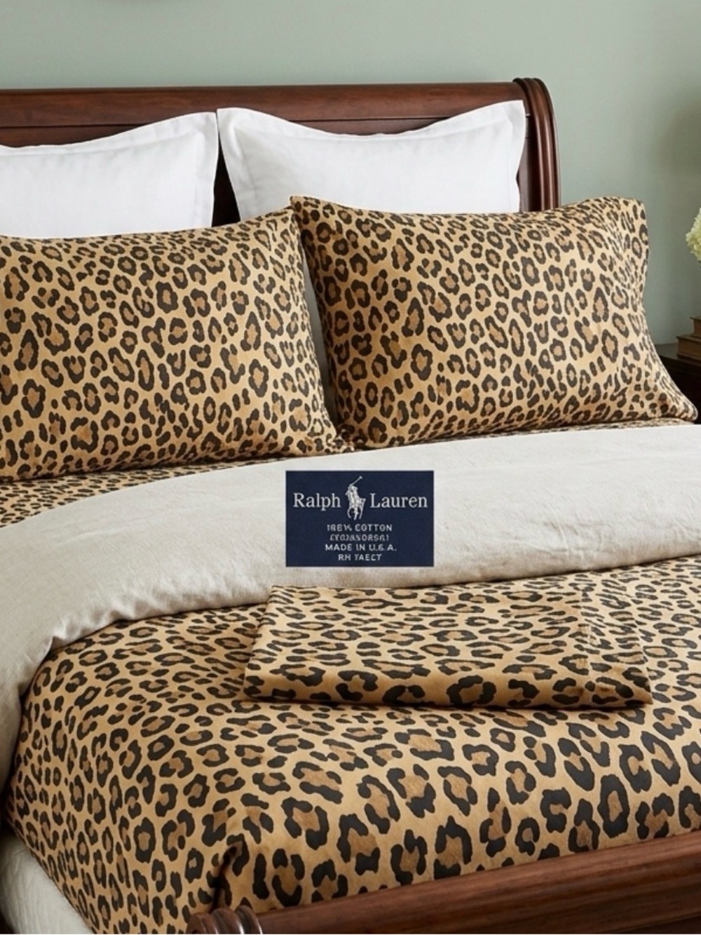 vintage Ralph Lauren "Aragon" neutral leopard print queen sheet set/2 king pc